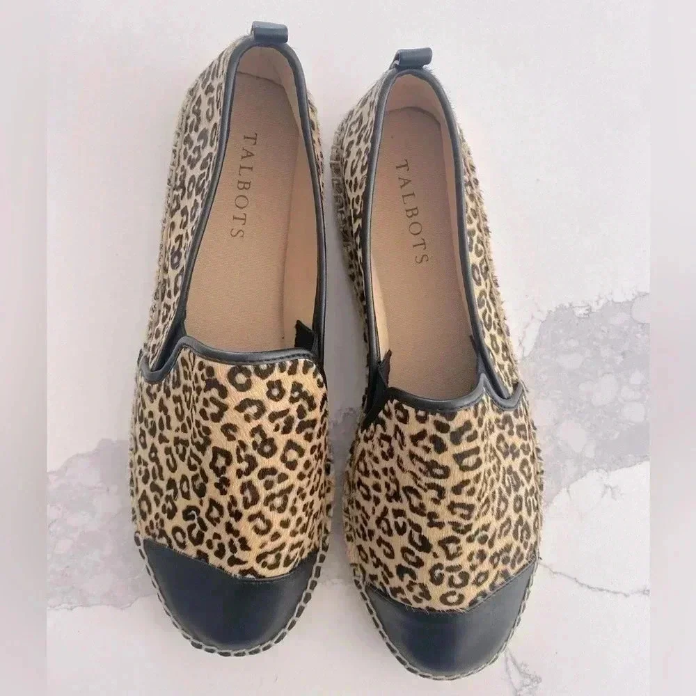 Talbots Leopard Calf Hair Cap Toe Leather Espadrille Flat Loafer Slip-On 8.5 NEW